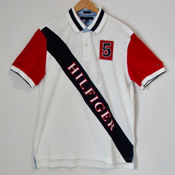 Tommy Hilfiger Polo Shirt Logo White Red Blue Stripe NEW WITH TAGS NWT Size XL - Picture 1 of 12